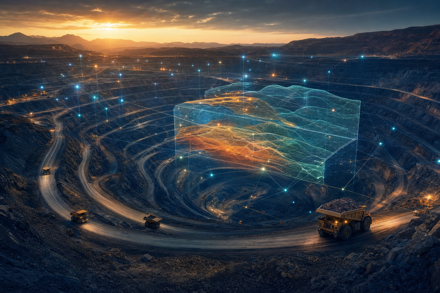 Open-pit copper mine at dusk with an AI block-model overlay